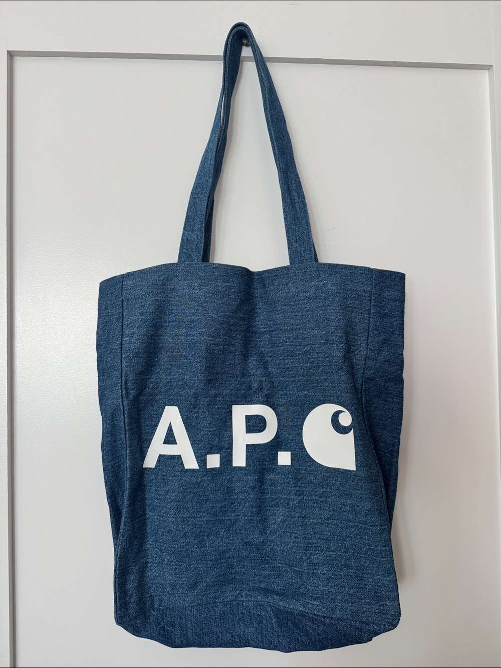 A.P.C. Denim Blue Canvas Tote with White Logo